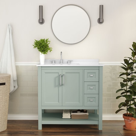 Flash Furniture Vega 36 Inch Vanity w/Sink, Storage Cabinet w/Soft Close Doors, Open Shelf and 3 Drawers, Sage FS-VEGA36-KD-SG-GG